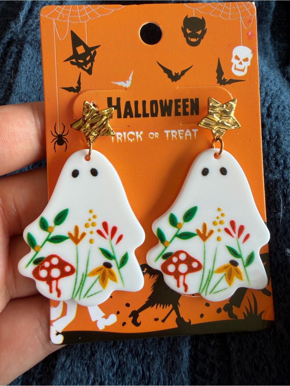 Halloween Ghost Kids Earrings with Floral Mushroom Print - Gold Star Studs